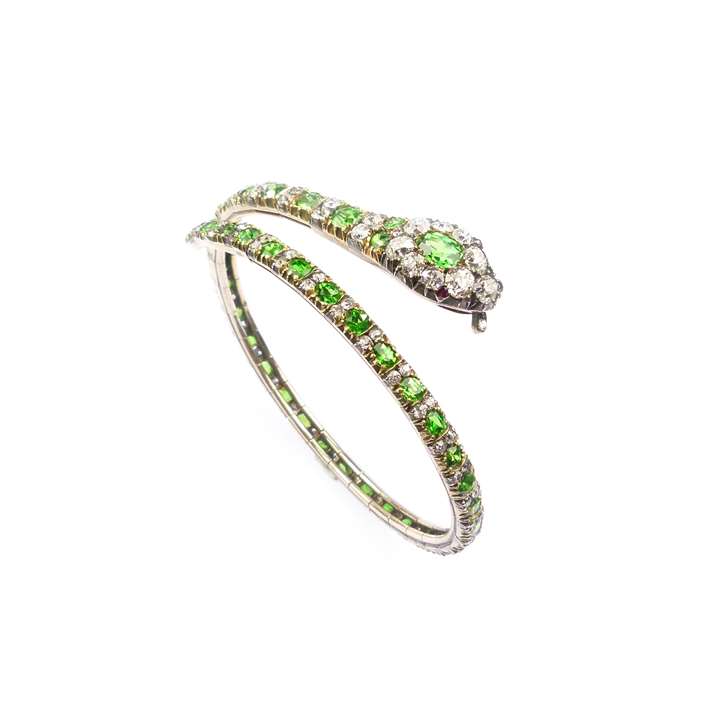 19th century demantoid garnet and diamond snake bangle